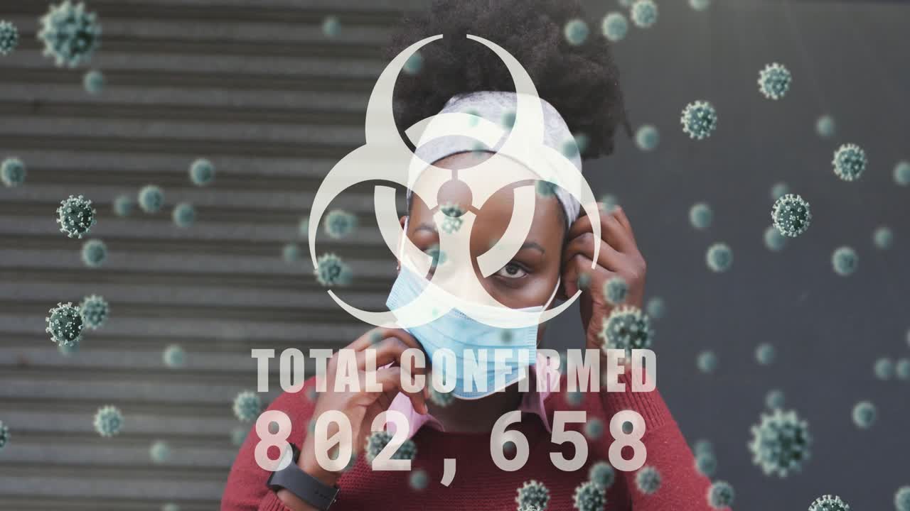 Woman putting on mask and adjusting loops protecting health while TOTAL CONFIRMED counter rising