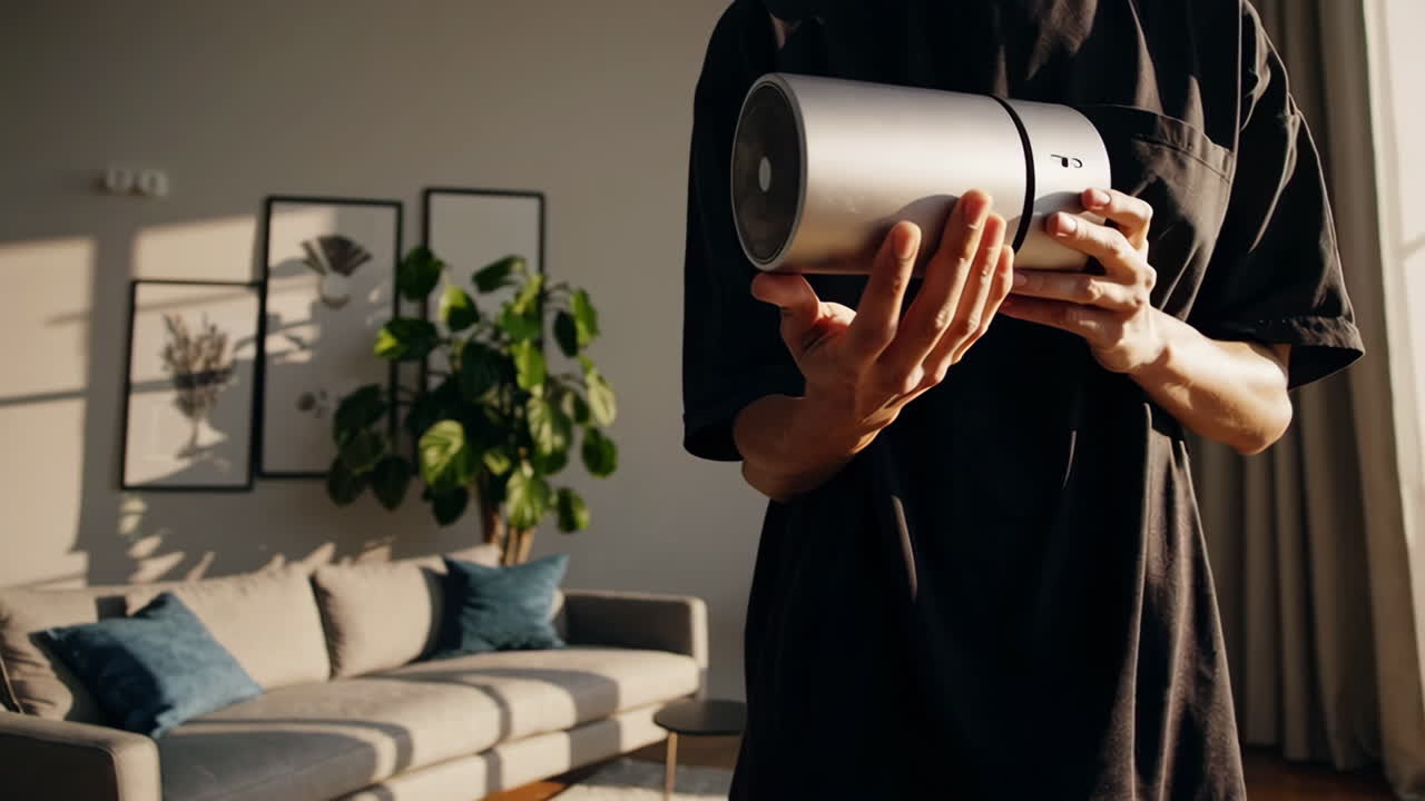 Person holding a silver air purifier in a living room