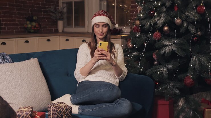 Woman using phone in living room at Christmas