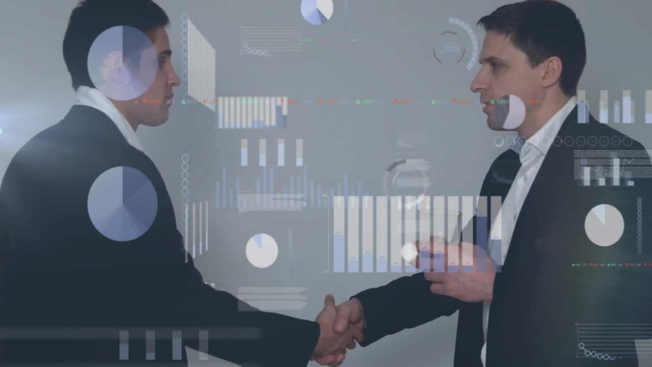 Animazione di elaborazione dati finanziari su colleghi di diverse etnie che si stringono la mano in ufficio