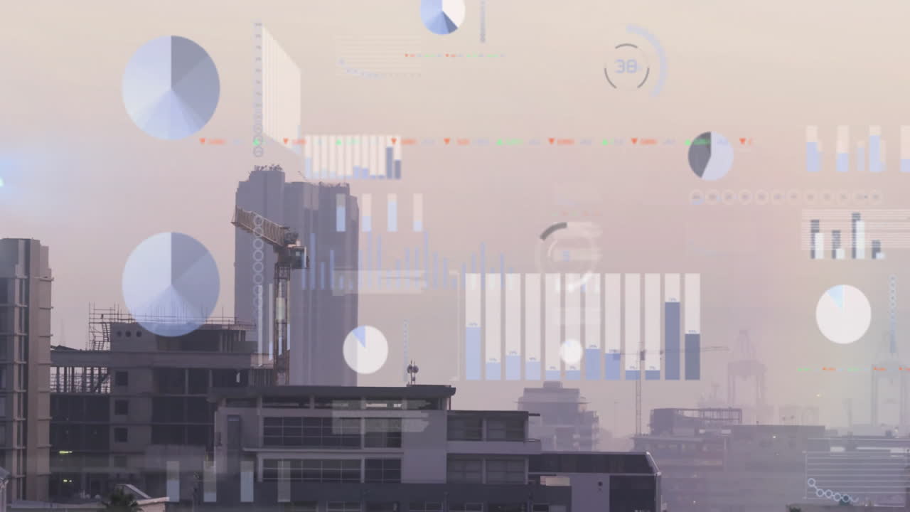 Construction crane and high-rise building showing smart city with floating data charts as 3D render