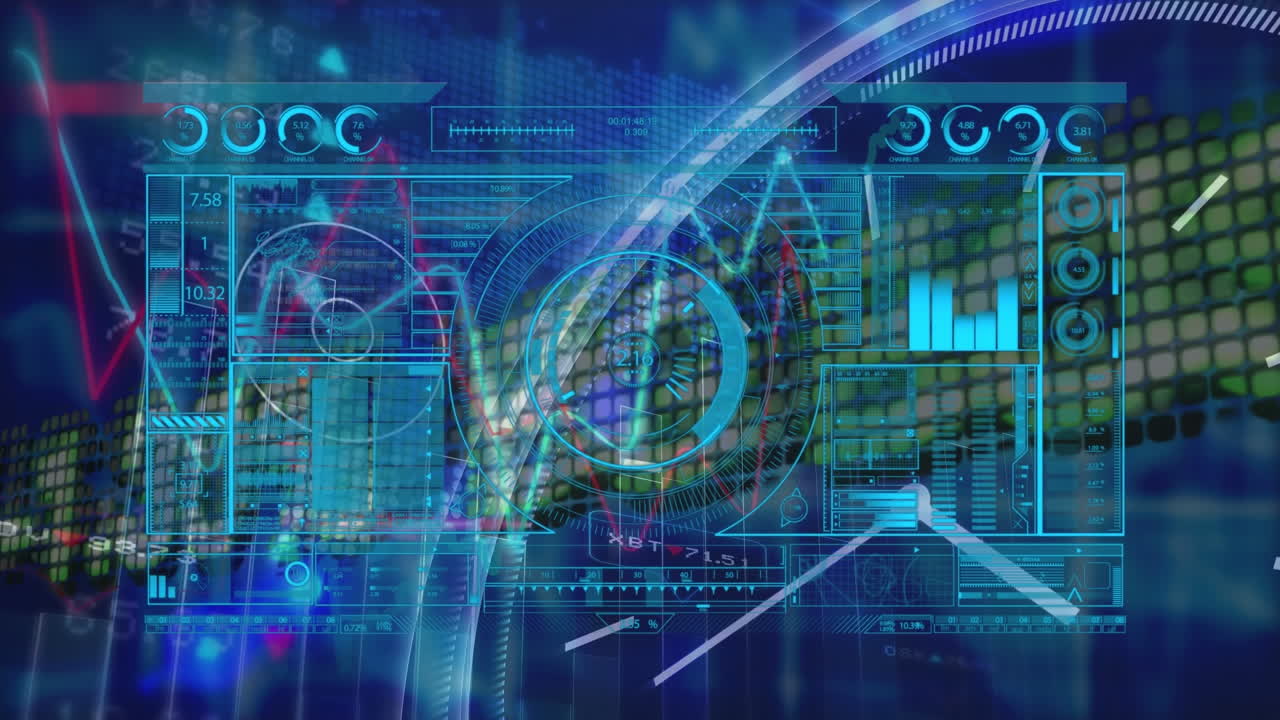 파란색 배경에 스 ⁇  스캔을 통해 데이터 처리의 애니메이션