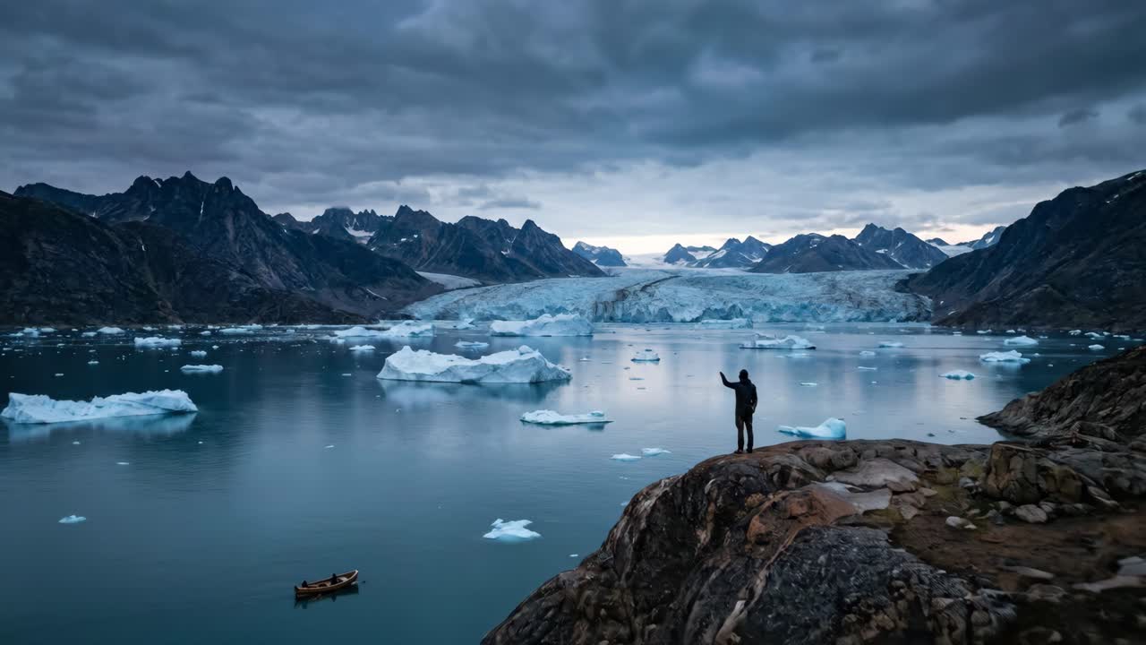 Person på klippe med udsigt til gletsjerfjord, isbjerge og bjerge