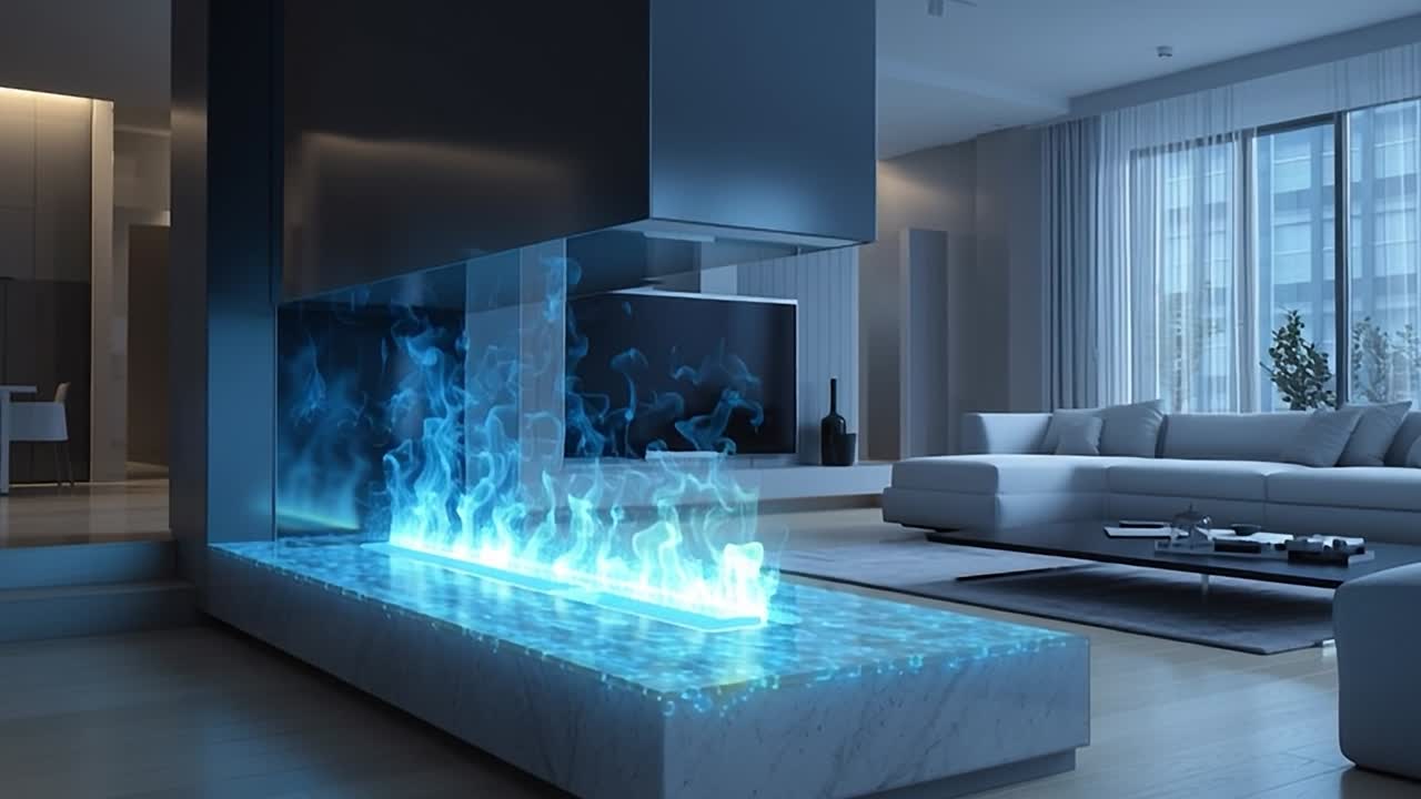 Modern living room with futuristic fireplace and minimalist design