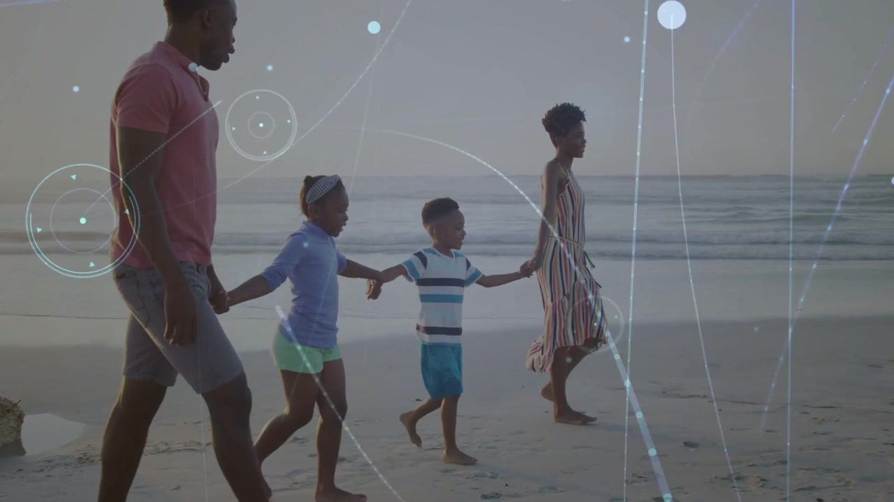 Family entering left walking shore holding, kids skipping, overlays rising, cam tracking showcasing