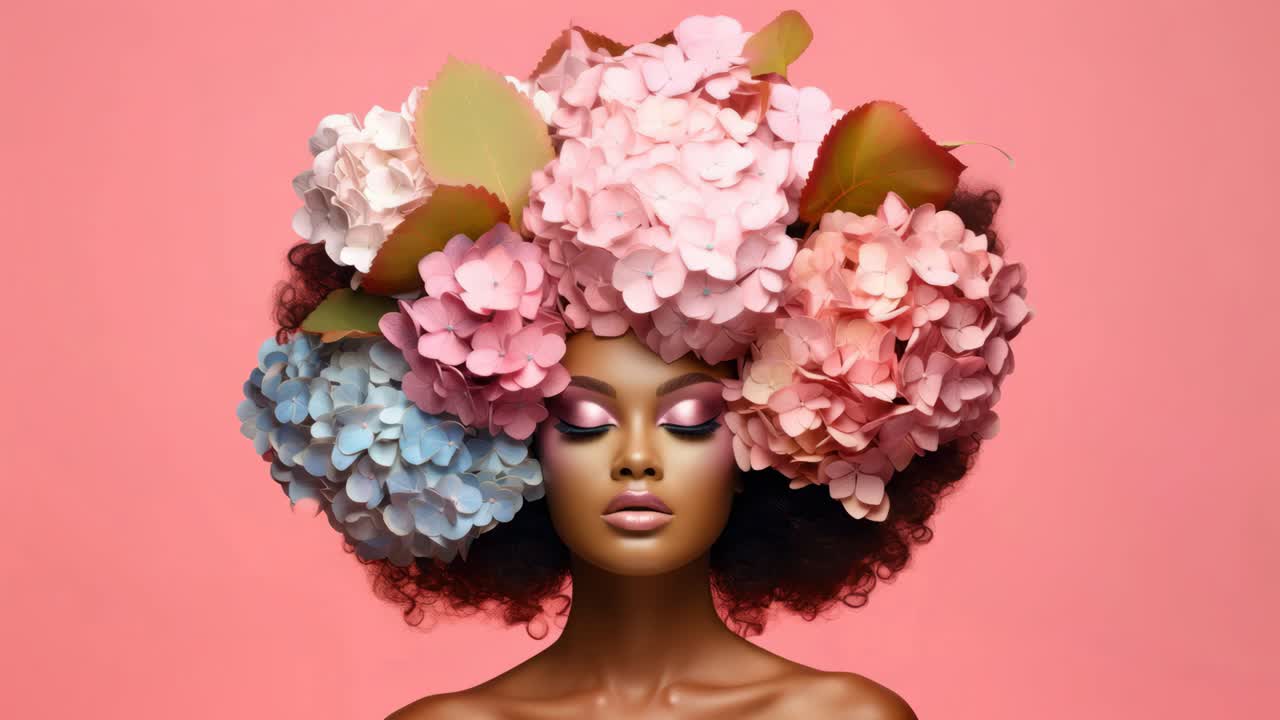 Retrato vibrante de uma mulher com acessório de cabeça floral contra um plano de fundo rosa
