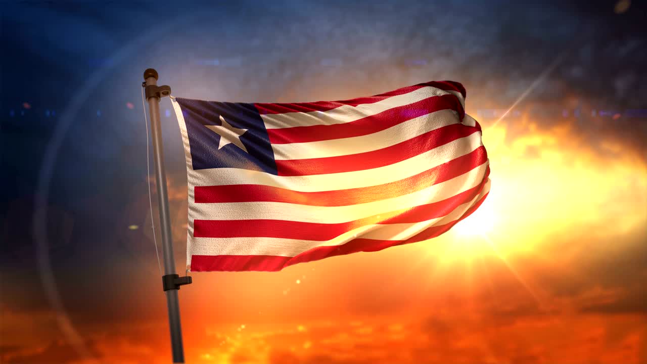 la bandera de liberia retroiluminada en un hermoso ciclo de amanecer en cámara lenta 4k