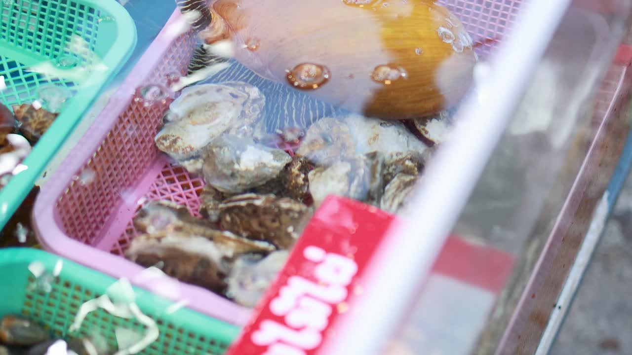 mariscos frescos en tanques en el mercado de phuket