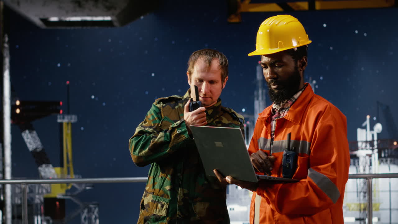 Military officer in camouflage uniform uses walkie talkie on offshore platform