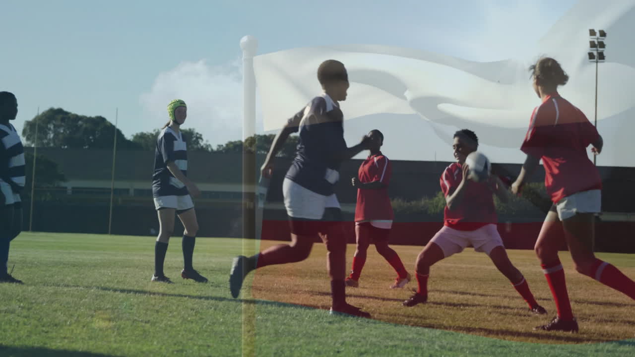 Playing rugby on field, athletes with Czech Republic flag animation overlay