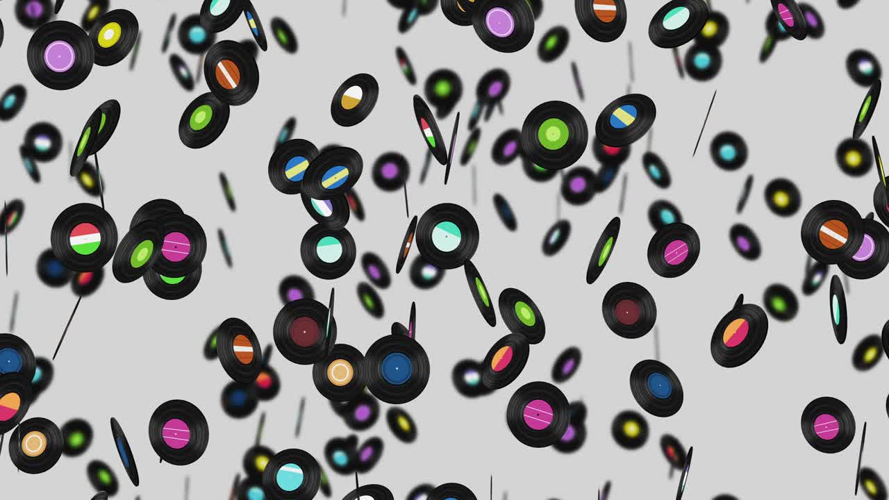 색 배경에 많은 비닐 레코드를 날아. 오래된 기술. 레트로 디자인. 음악 레코드 회전의 3d 애니메이션. 루프 애니메이션.