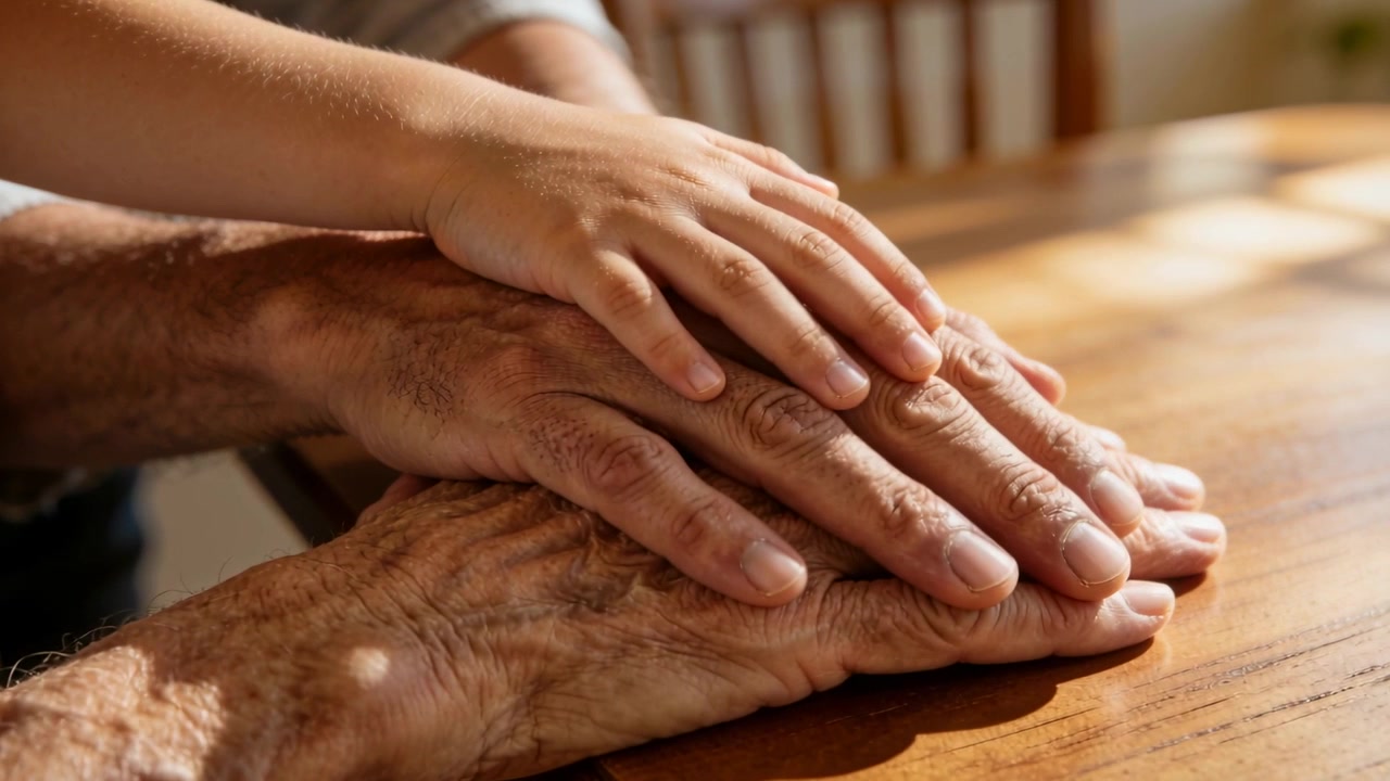 Mão de criança buscando conforto nas mãos de um adulto e de um idoso em uma mesa de jantar de madeira, sob a luz do sol.