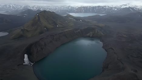 Aerial-view-from-Hnausapollur-lake,-known-as-Blahylur-crater,-surrounded-by-an-amazing-view-of-the-mountains-covered-by-snow,-with-different-shades-of-gray,-green,-blue-and-brown-in-Iceland-Highlands