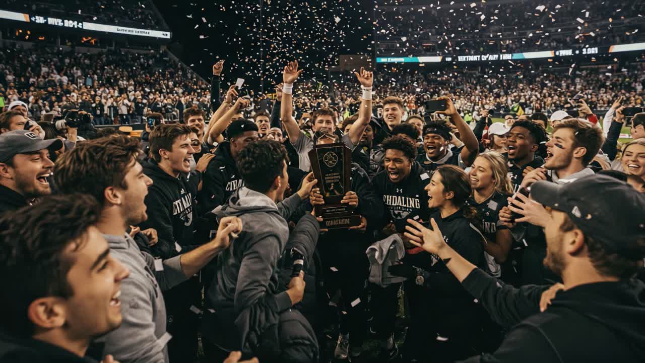 Elation and Triumph: Celebrating Victory with Team Spirit and Joyful Enthusiasm Amidst Flying Confetti and a Crowd of Excited Supporters Holding a Championship Trophy