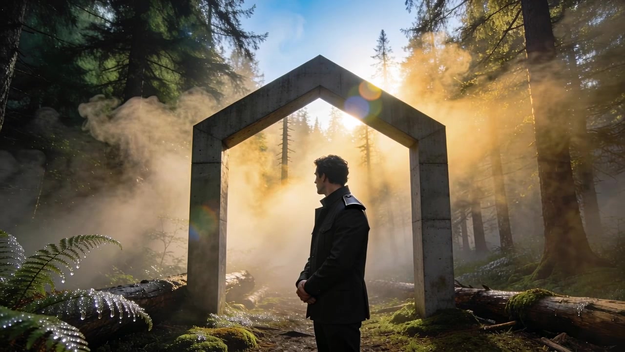 Standing man in dark coat clasping hands beneath concrete arch, mossy woods, sun rays piercing mist