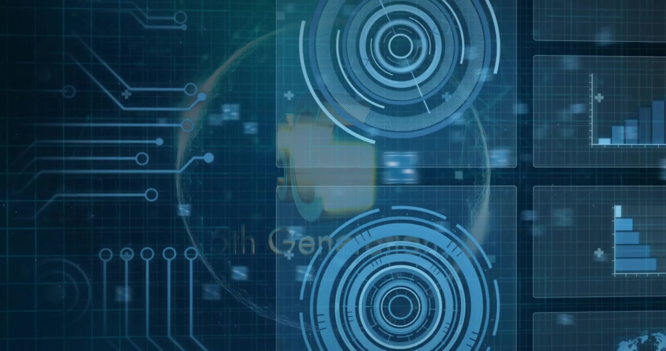 Digital data processing animation over futuristic interface with graphs and charts