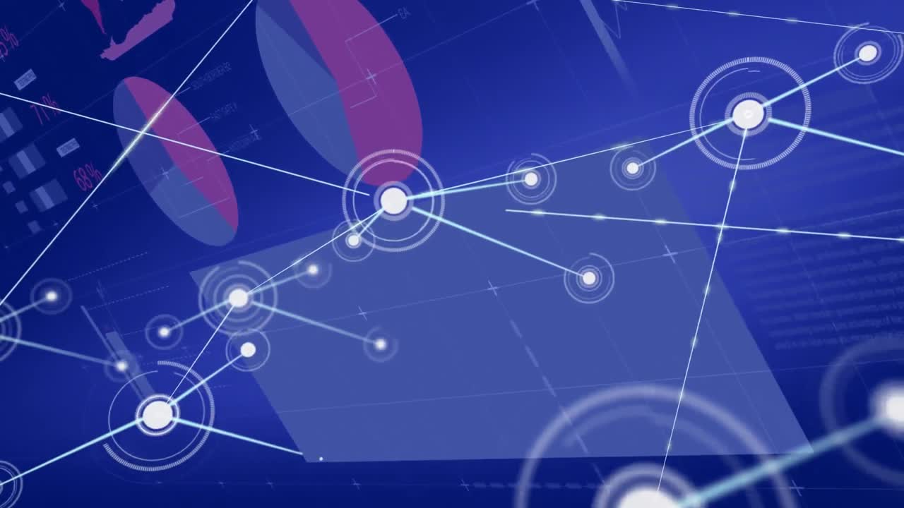 Animation of network of connections over statistical data processing against blue background