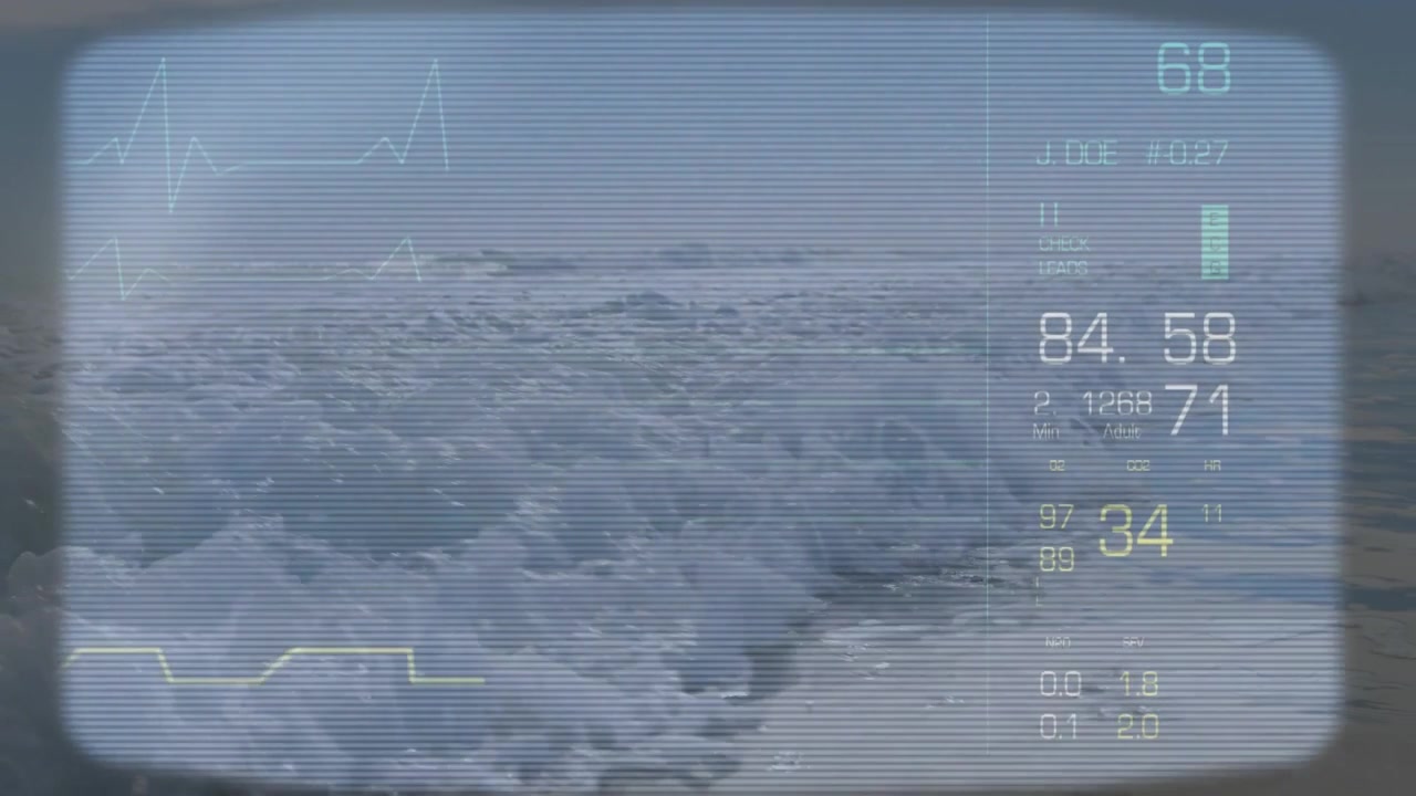 Olas oceánicas agitadas extendiéndose hacia el horizonte, mostrando una superposición HUD con lecturas de signos vitales de ECG