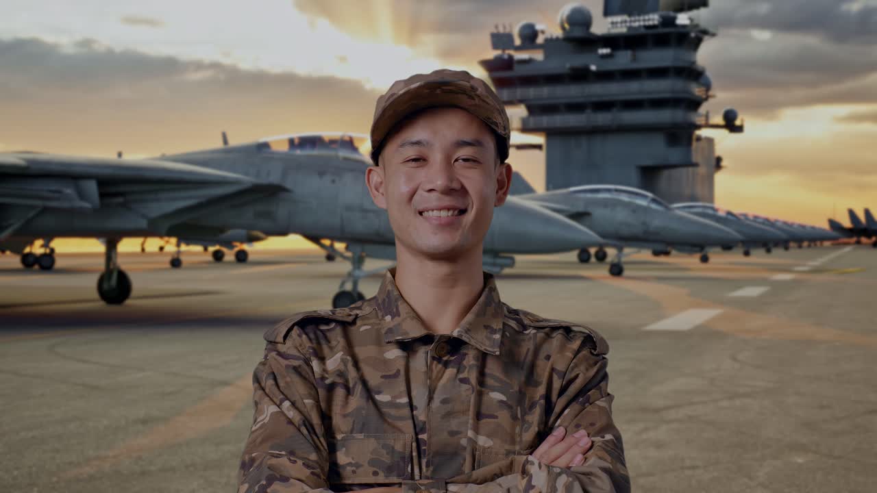 Proud Military Personnel on Aircraft Carrier at Sunset