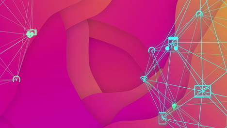 network of connected devices and icons animation over abstract pink and orange background