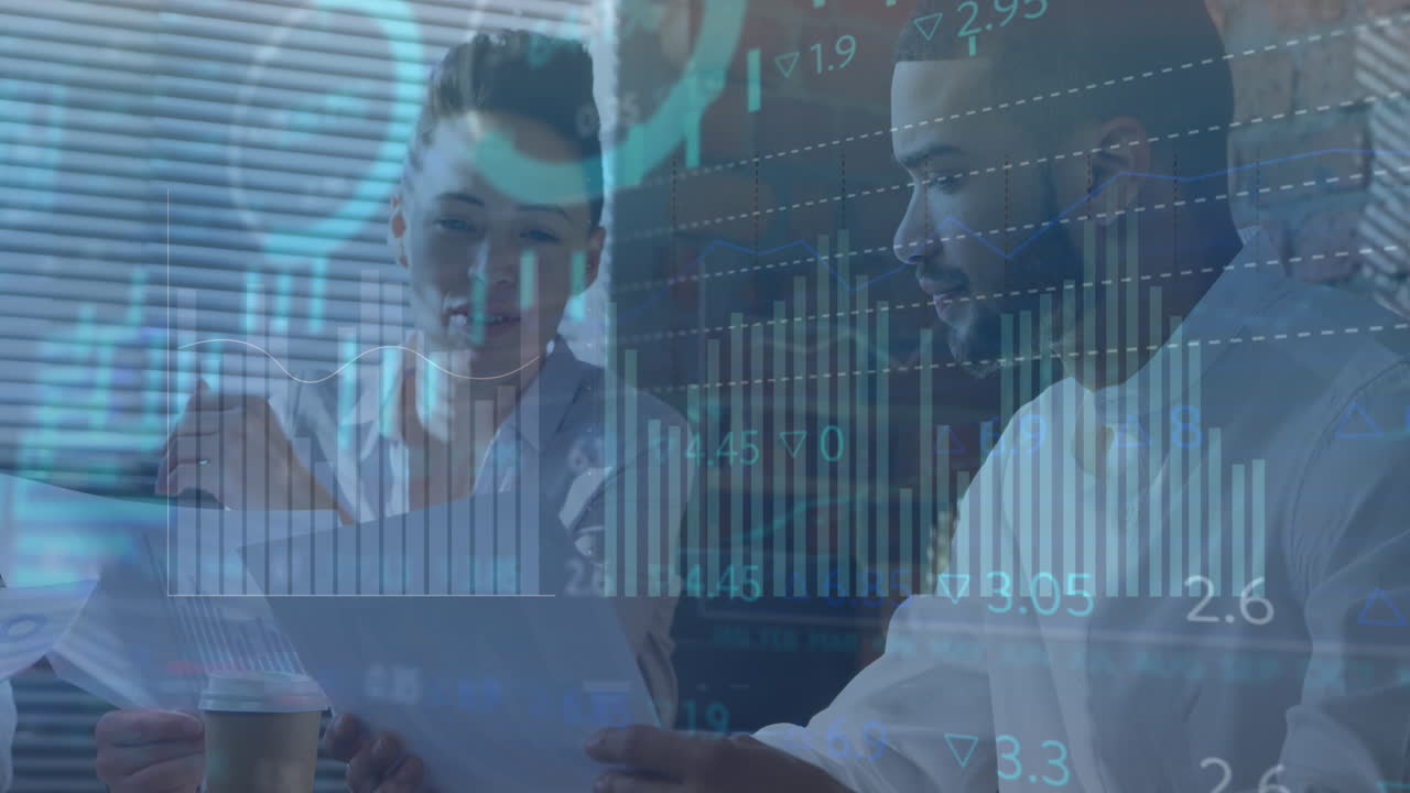Animation of financial data processing and statistics over diverse business people