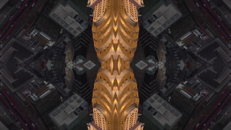 Tilt-down-shot-of-top-of-famous-Chrysler-building-with-gold-illumination.-Abstract-computer-effect-digital-composed-footage.
