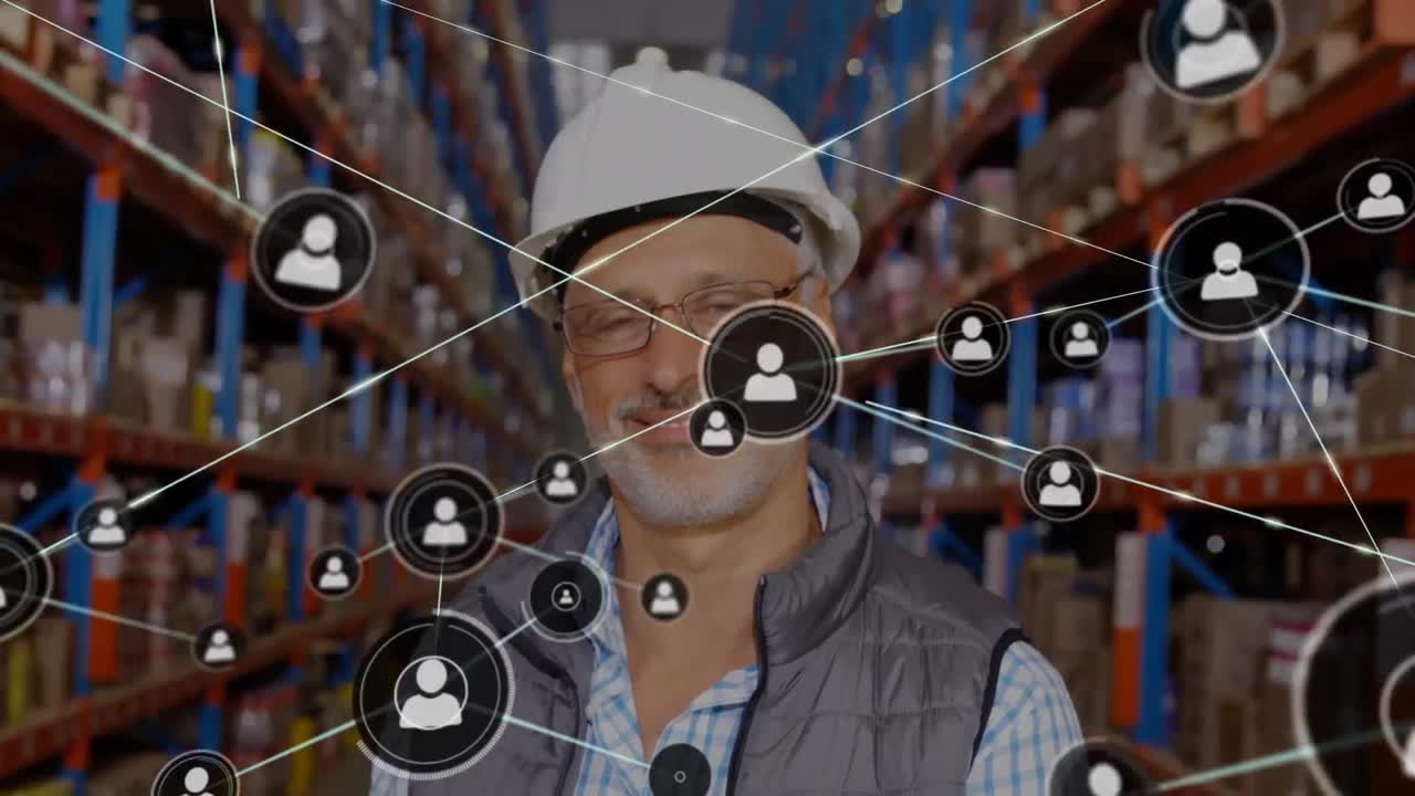 animación de la red de conexiones sobre el hombre que trabaja en el almacén