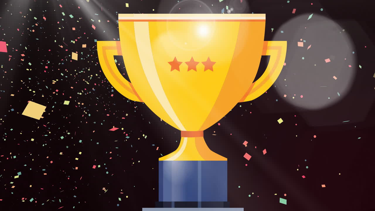 animación de taza de oro y confeti flotando sobre fondo negro