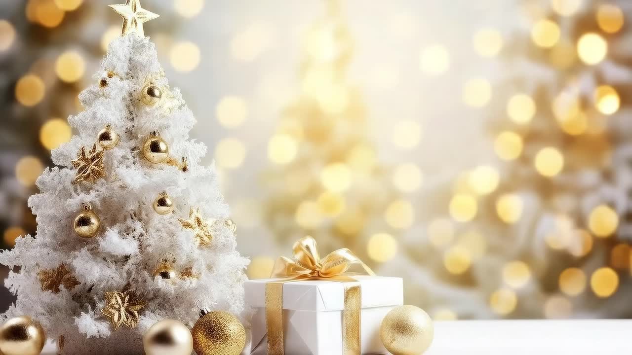 Scena video festiva con un albero di Natale bianco e regali, ripresa da un angolo basso