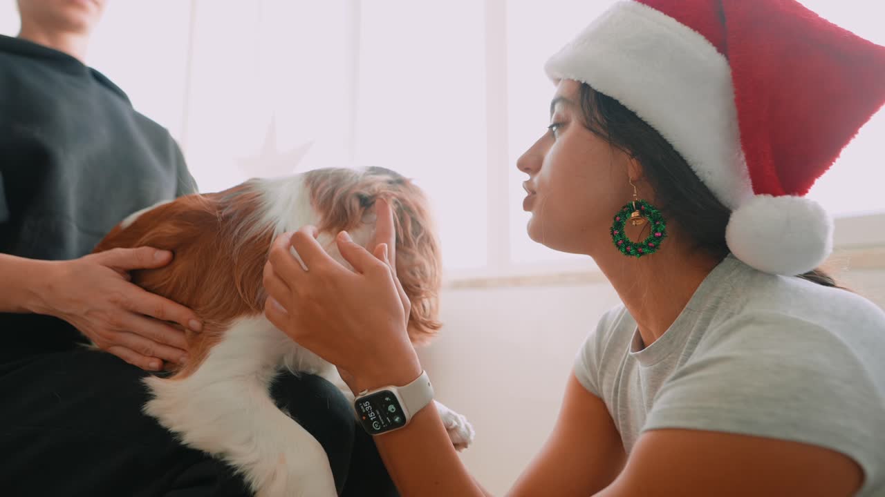 A woman and her dog celebrating Christmas