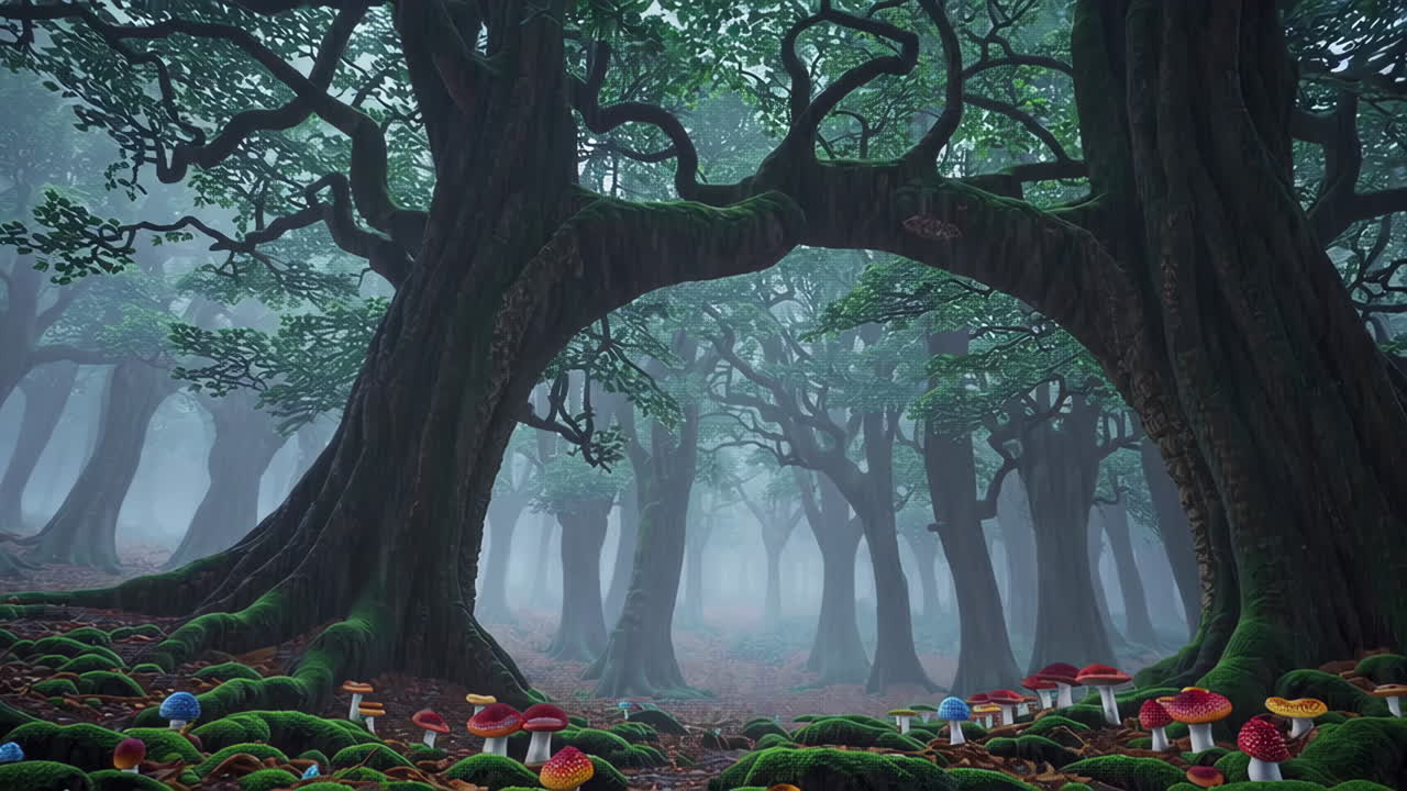 Enchanted Forest with Colorful Mushrooms