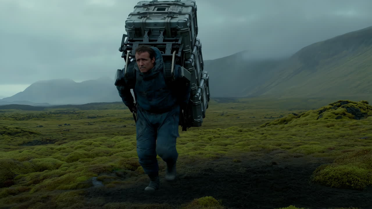 Man carrying heavy equipment in a field