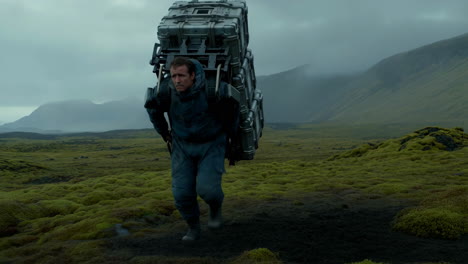 man carrying heavy equipment in a field