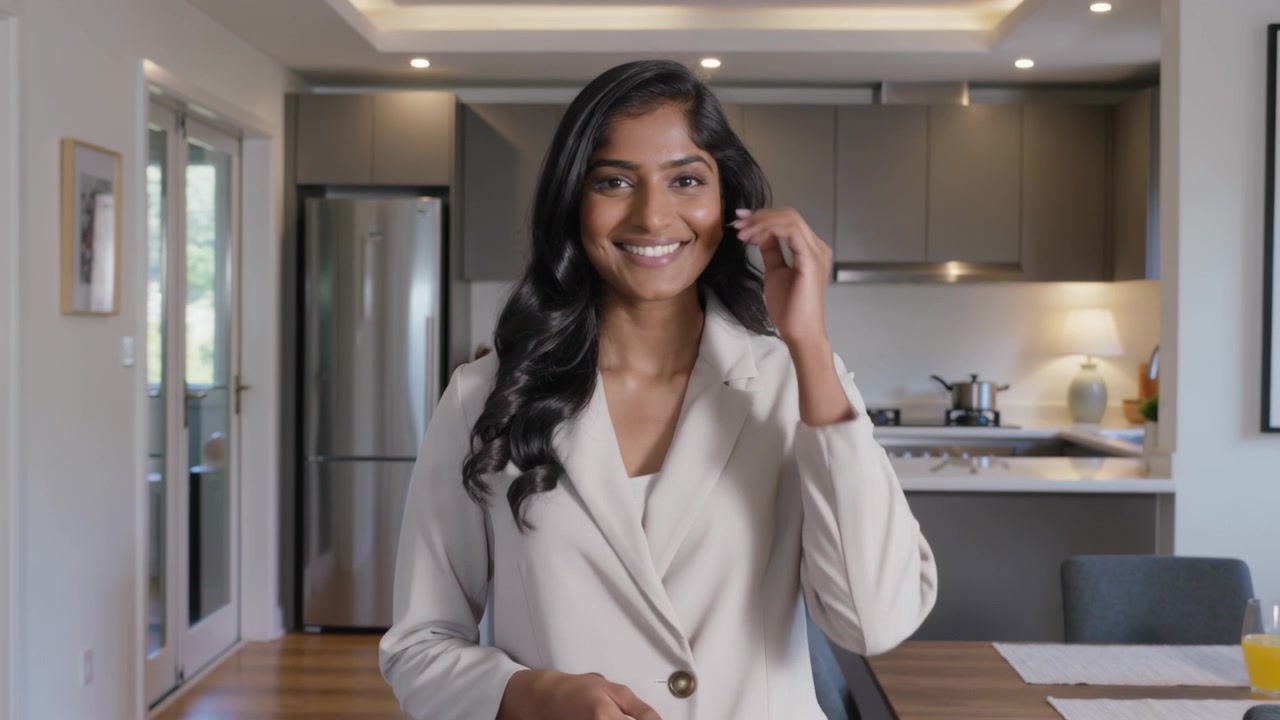 Standing woman in tan blazer engaging camera, tucking hair as lens zooming in kitchen, orange juice