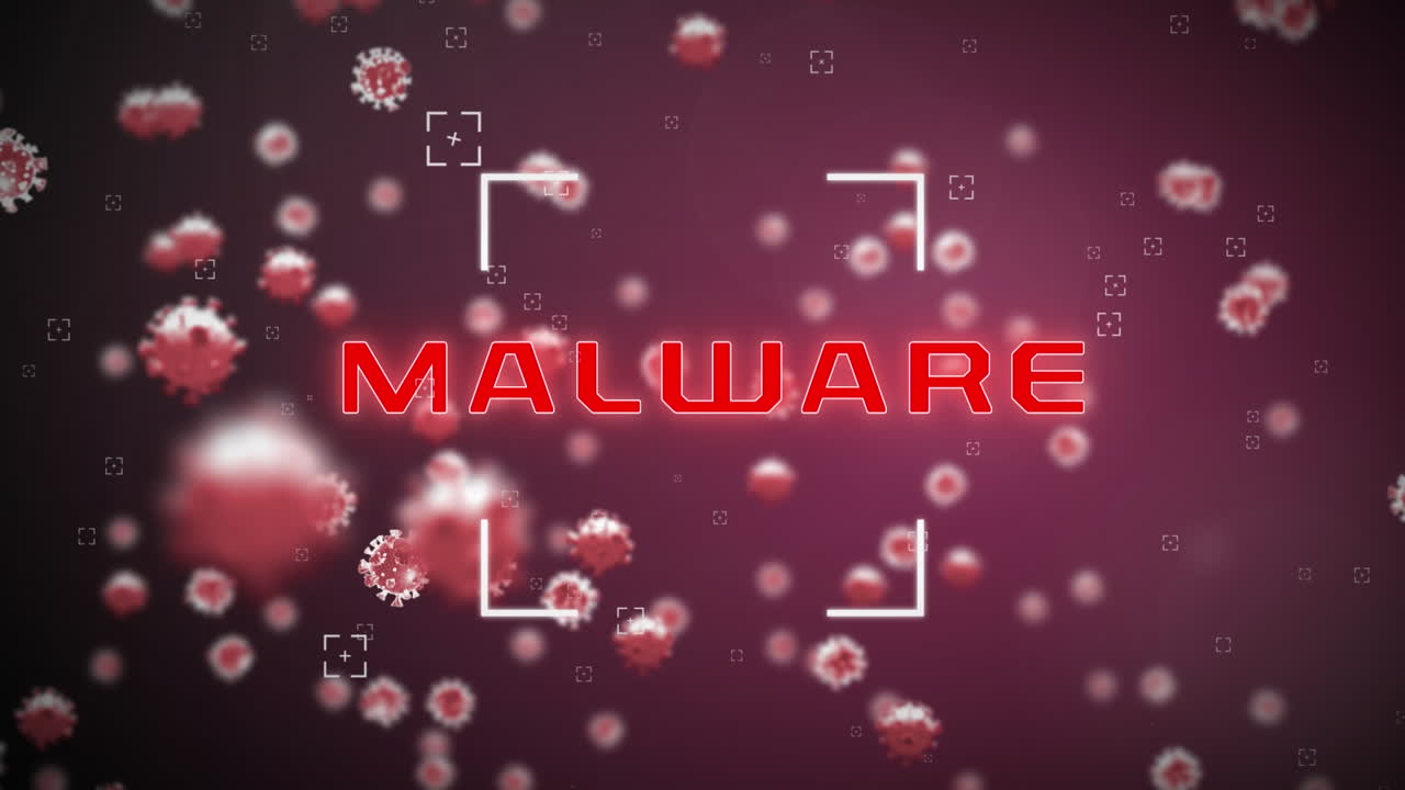 animación de malware sobre fondo rojo con virus