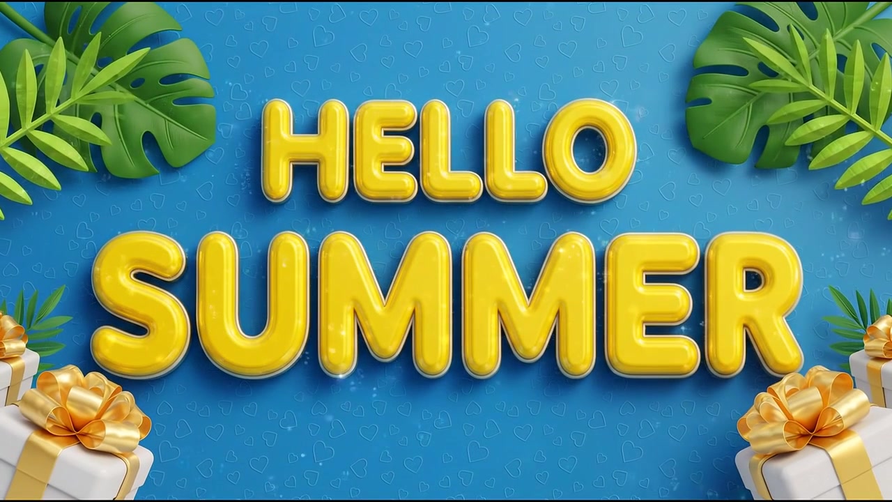 Hello Summer Bright Seasonal Banner Animation with Yellow Typography and Tropical Leaves