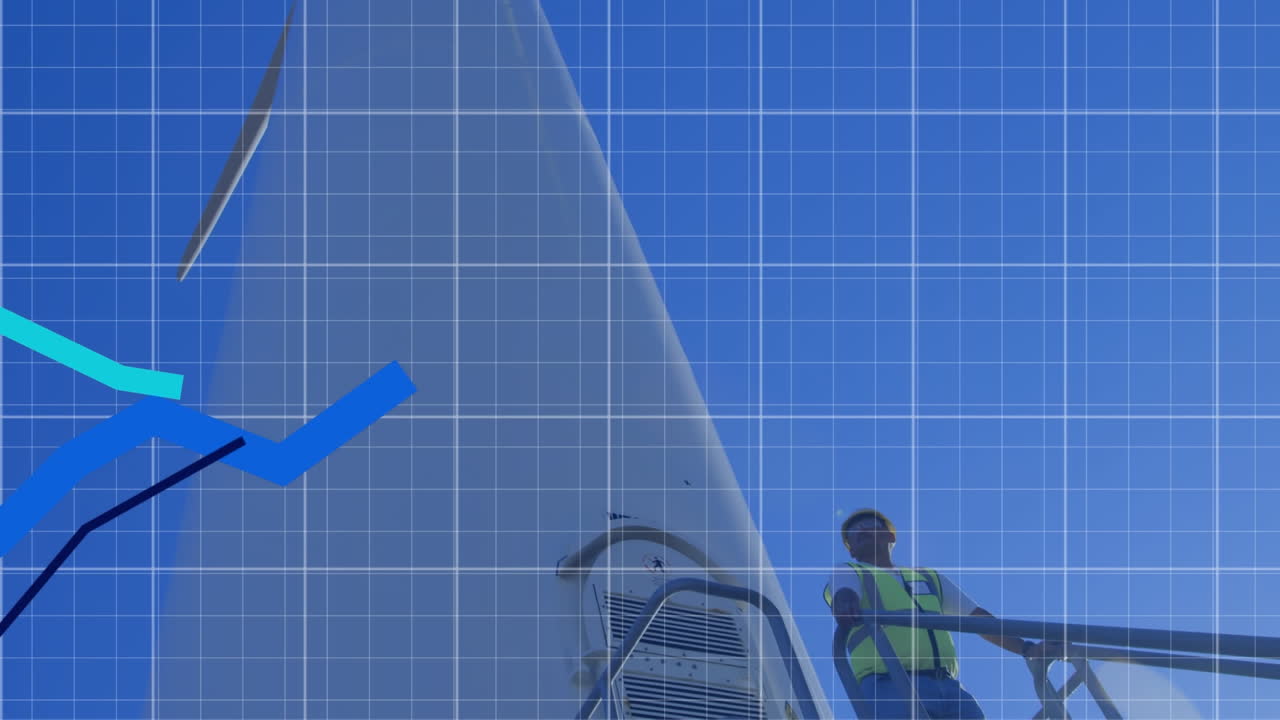 그래프의 애니메이션, 그리드 패턴, 은 하늘을 배경으로 풍차에 서있는 백인 남성 엔지니어