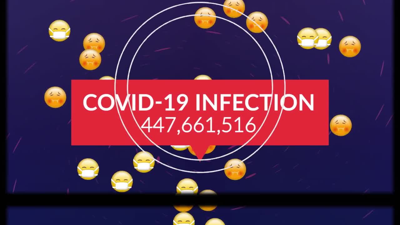 Animazione di elaborazione dati Covid-19 sopra diverse emoji malate con mascherine.