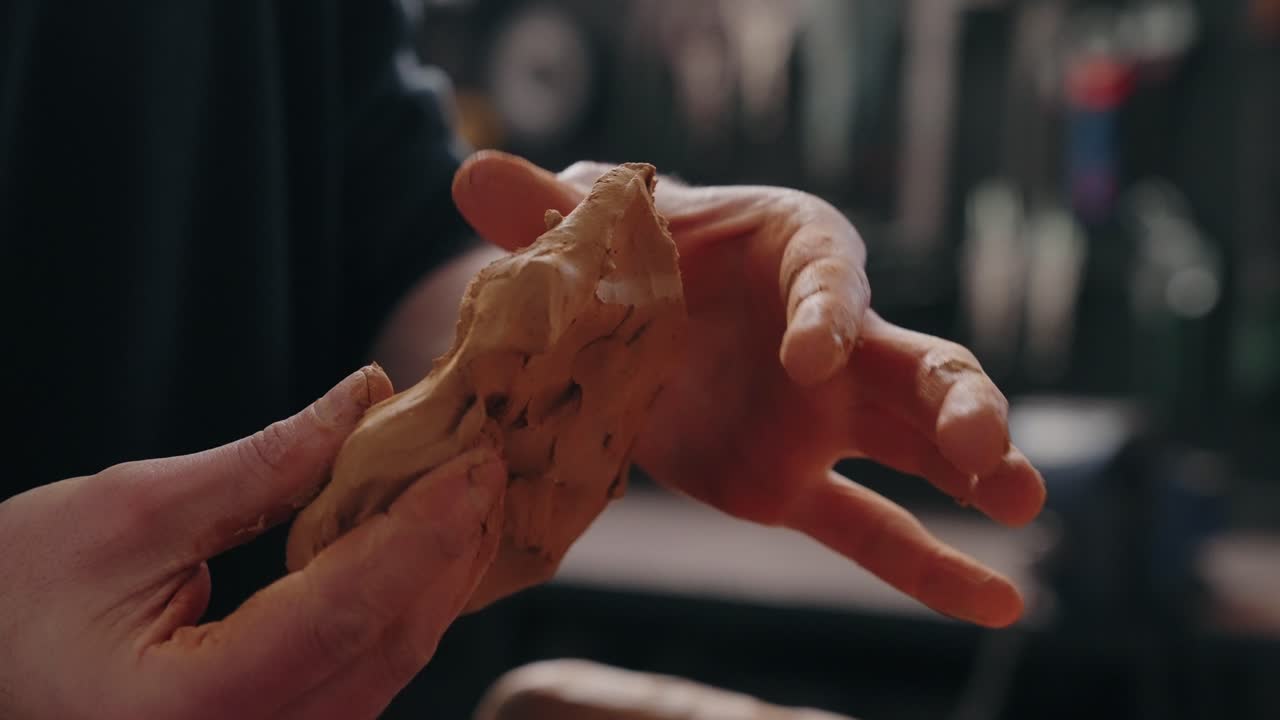 close up of hands working raw clay gently in focused sculpting motion