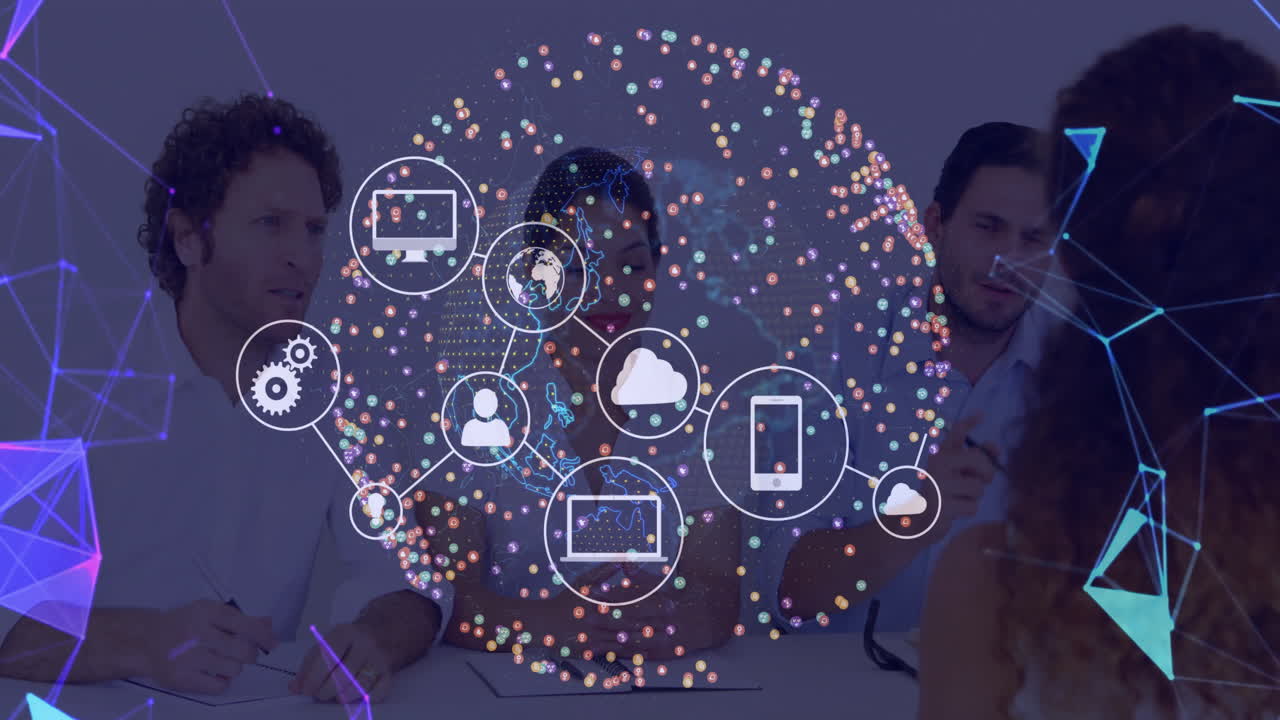 Business meeting with digital network and technology icons overlay animation