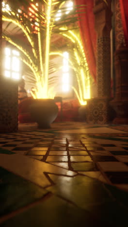 moroccan interior with tile floor and decorative plants