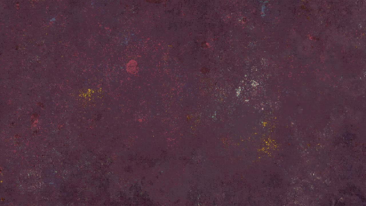 Tekstur digital abstrak ungu, percikan piksel kuning dan merah cerah, latar belakang artistik atmosfer yang kasar.