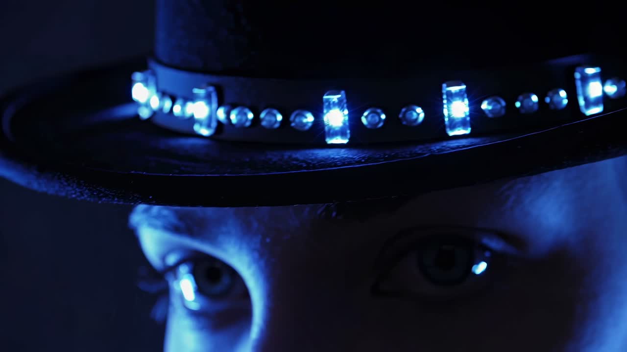 led 조명을 가진 모자를 입은 사람