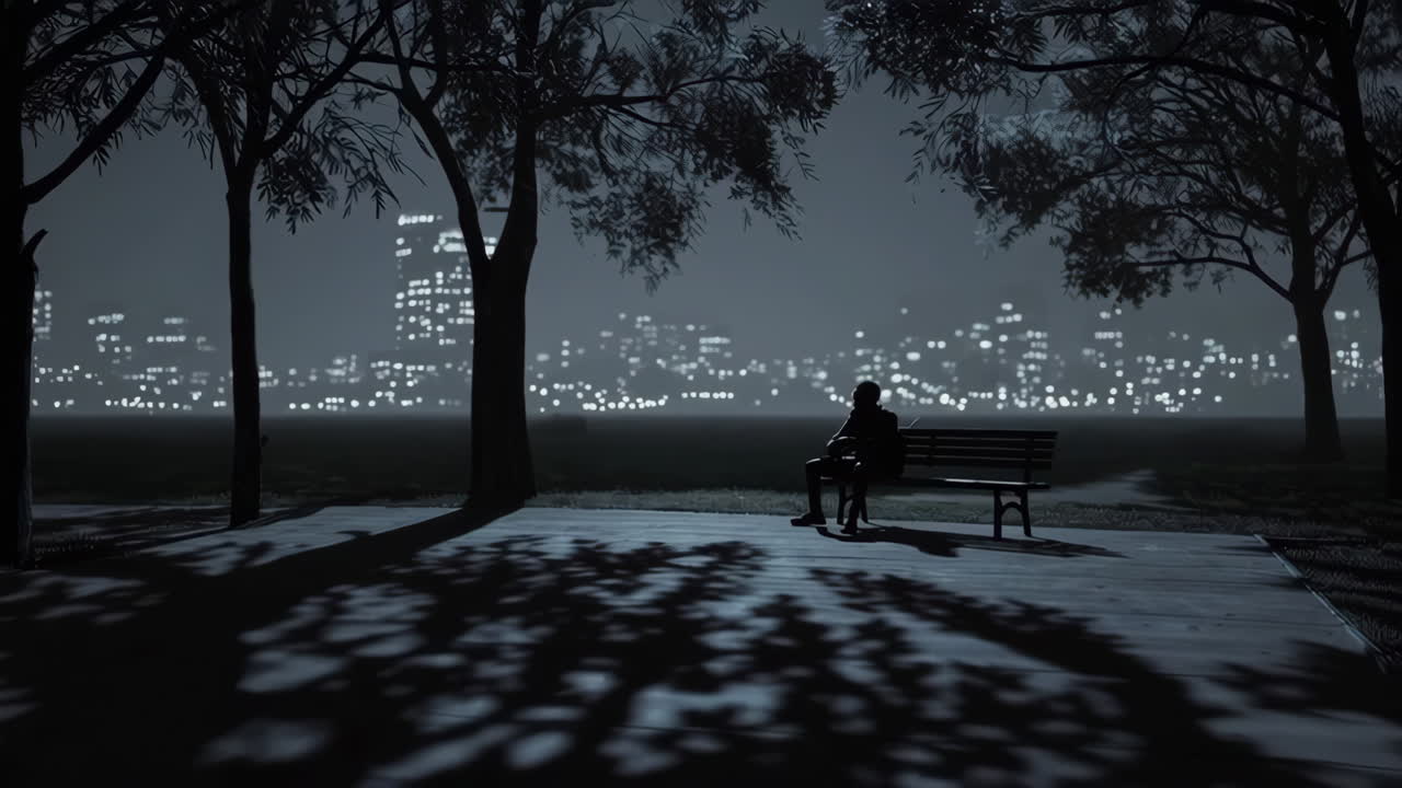 A person sits alone on a park bench at night, overlooking a city