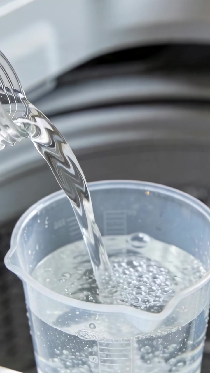 Vertical video: Tilting pitcher pouring water into plastic measuring cup at sink, filling to marks