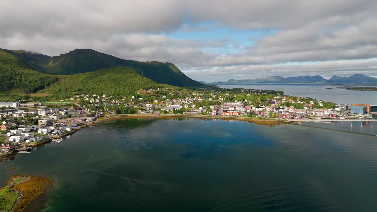 Stokmarknes old Norwegian fishing community on Hadseloya and Boroya, aerial