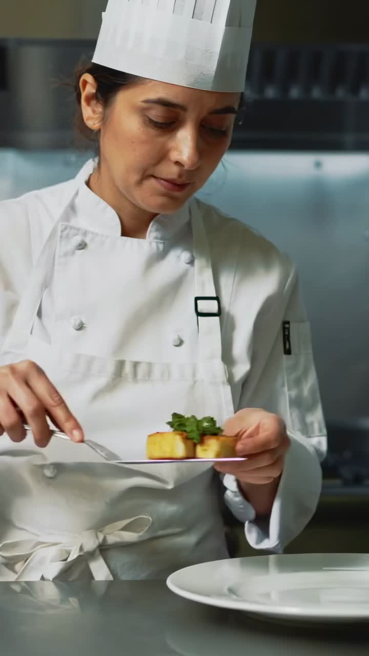 Video verticale: chef che sceglie un pezzo e lo sistema su un piatto in cucina, facendo scivolare una spatola per il servizio