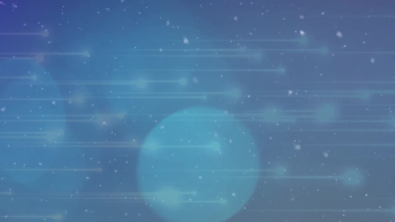 파란색 배경에 빛의 트레일과 반점 위에 떨어지는 눈의 애니메이션