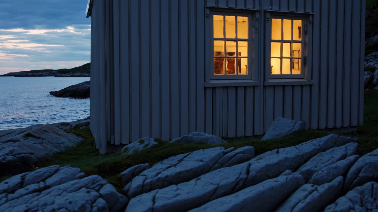 Warm light emanating from the windows of a cozy wooden cottage nestled on a rocky coast at sunset, creating a serene and inviting atmosphere