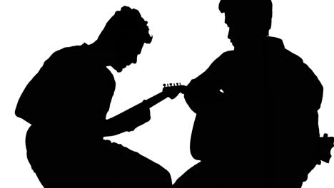 Animation-of-black-silhouette-of-men-playing-guitars-on-white-background